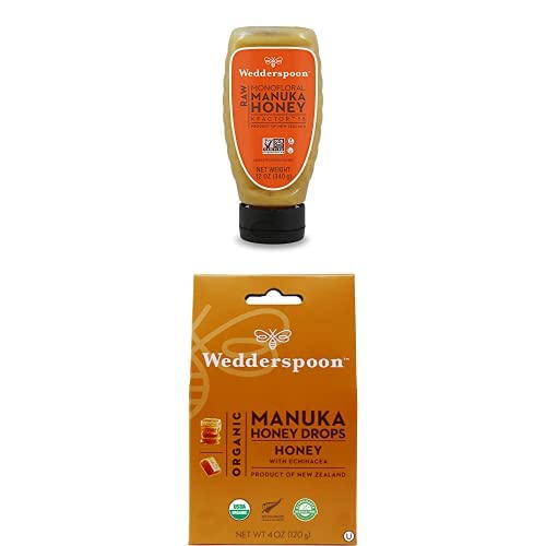 Bundle - Wedderspoon Raw Premium Manuka Honey KFactor 16 Squeeze Bottle (12 Oz) and Manuka Honey Drops Honey &amp Echinacea (4 Oz)