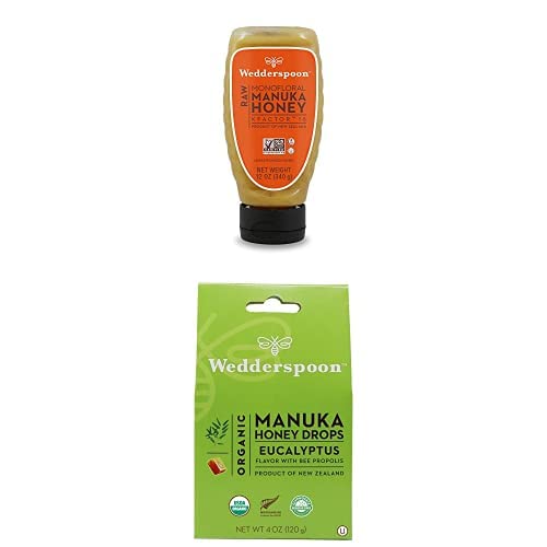 Bundle - Wedderspoon Raw Premium Manuka Honey KFactor 16 Squeeze Bottle (12 Oz) and Manuka Honey Drops Eucalyptus &amp Bee Propolis (4 Oz)