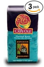 HEB Cafe Ole Whole Bean Coffee 12oz Bag (Pack of 3) (Bavarian Hazelnut - Medium Dark Roast (Full City))