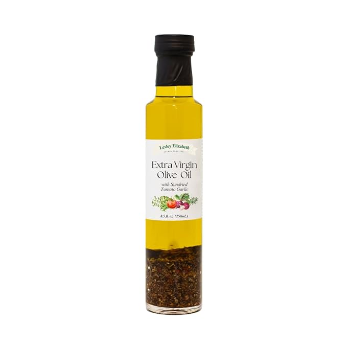 Lesley Elizabeth Extra Virgin Olive Oil with Sundried Tomato &amp Garlic 8.5 fl oz – Small-Batch Mediterranean-Style Infused EVOO for Drizzling Dipping Marinades &amp Everyday Cooking – All-Natur