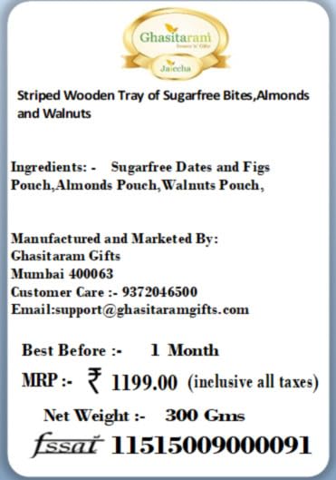 Jaiccha Ghasitaram Rakhi Gifts for Brothers - Striped Wooden Tray of Sugarfree Bites Almonds and Walnuts with 2 Pearl Rakhis