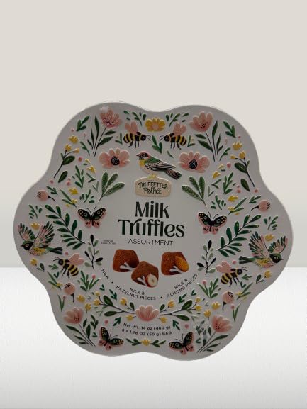 Truffettes de France Milk Truffles Assortment Spring Tin 14 oz Milk Hazelnut and Almond Pieces Gourmet French Chocolate Pack of 2