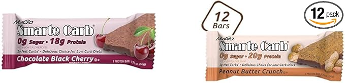NuGo Smarte Carb Chocolate Black Cherry 18g Protein 12 Count and Peanut Butter Crunch 20g Protein 12 Count Bundle