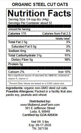 Steel Cut Oats (Steelcut) 5 Pounds (Oat Groats Irish Oatmeal) USDA Certified Organic Non-GMO Bulk Mulberry Lane Farms