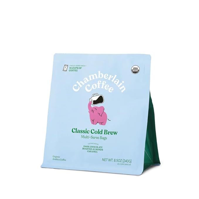 Chamberlain Coffee Organic Cold Brew Large Coffee Bags Medium Roast - Premeasured Ready to Brew - Makes 4 Cups per Bag - Perfect for Iced Coffee Convenient and Easy Brewing Experience - 8.5 oz