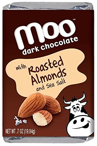 Moo Chocolates All Natural Dark Chocolate Mini Bars with Roasted Almond &amp Sea Salt 0.7 oz 28 ct (Pack of 2) | 100 Calorie Snacks for On-the-Go Lunchboxes Office