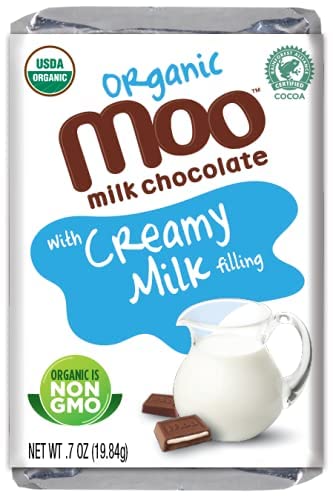 Moo Chocolates Organic Milk Chocolate Mini Bars with Creamy Milk Filling 0.7oz 28 ct (Pack of 2) | USDA Organic Non-GMO | 110 Calorie Snacks for On-the-Go Lunchboxes Office