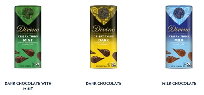 Divine Chocolate Crisp Thins Variety Pack 6-Pack | Dark Chocolate Mini Crisp Thins Milk Chocolate Caramel Crisp Thins &amp Dark Chocolate Crisp Thins | Thin Crunchy Gourmet Chocolate Snacks