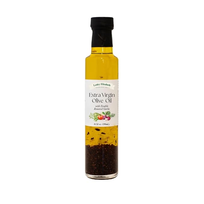 Lesley Elizabeth Extra Virgin Olive Oil with Double Roasted Garlic 8.5 fl oz – Small-Batch Garlic-Infused EVOO for Dipping Drizzling Marinades &amp Everyday Cooking – All-Natural Plant-Based Ingr