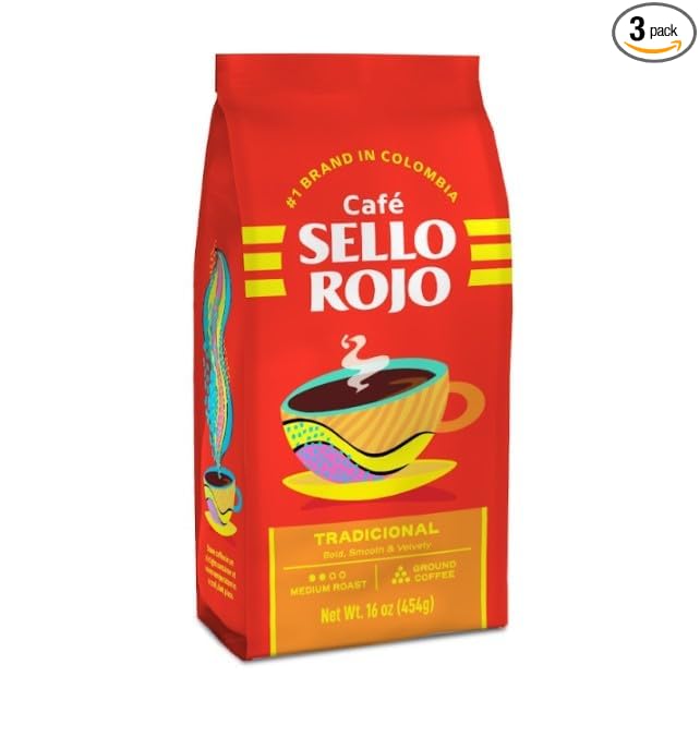 Café Sello Premium Colombian Coffee | Smooth &amp Flavorful | Low Acidity No Bitter Aftertaste | 100% Colombian Medium Roast Ground Coffee | Café de Colombia | 16 Ounce (Pack of 3)