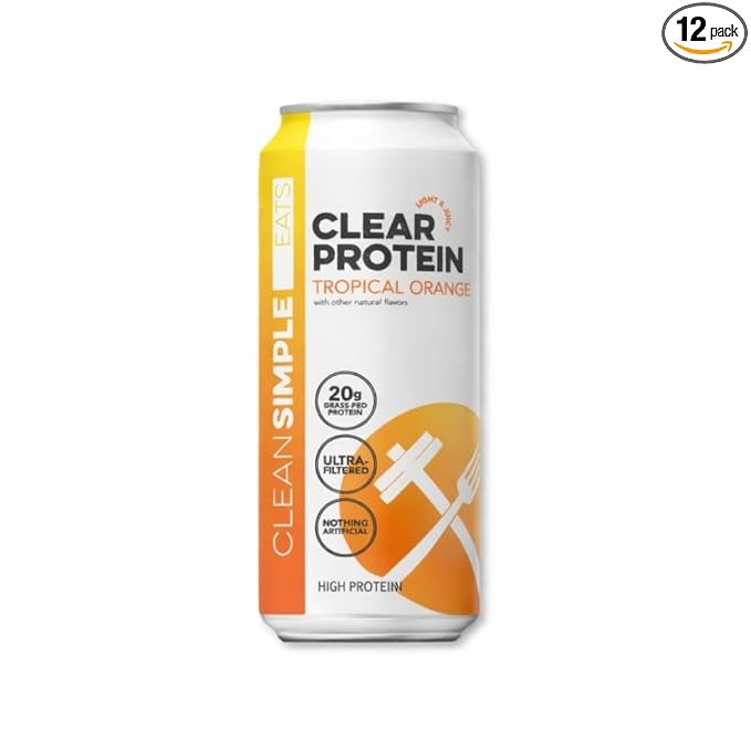 Clean Simple Eats Clear Protein Water 20G Grass Fed Whey Protein Ultra Filtered Light &amp Refreshing Beverage Low Lactose No Artificial Ingredients Tropical Orange Flavor 16 Oz Cans 12 Pack