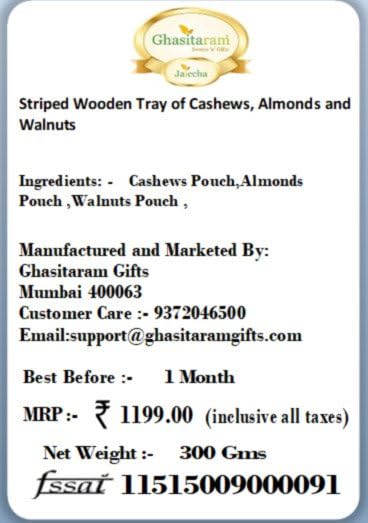 Jaiccha Ghasitaram Rakhi Gifts for Brothers - Striped Wooden Tray of Cashews Almonds and Walnuts with 2 Rudraksh Rakhis