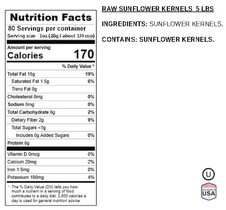 Jaybee's Raw Sunflower Seed Kernels – 5 lb Bulk Bag | Shelled Sunflower Seeds Unsalted | High-Protein Healthy Snack | Great for Baking Cooking &amp Salads | Resealable Bag