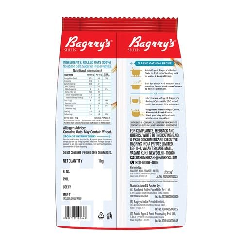 Bagrrys Oats Breakfast Cereal (1kg Bagrrys Rolled Oats)