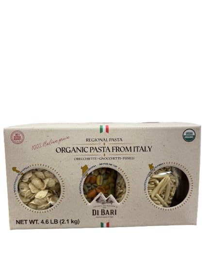 Di Bari Organic Regional Pasta Variety Pack – 5 Italian Shapes (Orecchiette Gnocchetti Fusilli Cicatelli &amp Maccheroni Tricolore) – USDA Organic Bronze Die Cut Product of Italy – 4.6 lb Each (