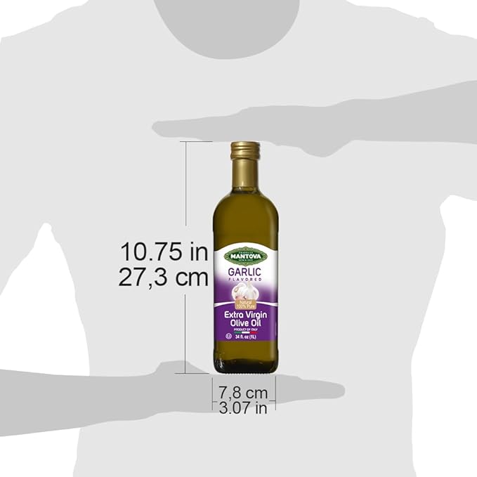 Mantova Garlic Extra Virgin Olive Oil (EVOO) Cold-Pressed and Imported from Italy 34 oz Glass Bottle - Flavorful Topping for Salads Vegetables and Pasta Dishes - Ideal for Dipping Italian Bread or