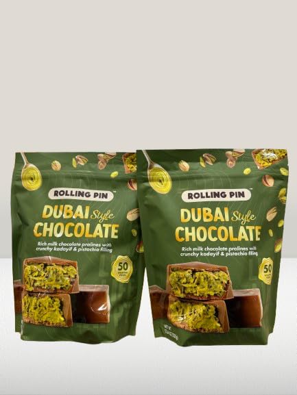 Dubai Style Chocolate Pistachio Pralines – Pack of 2 | Product of Belgium | 100 Wrapped Pieces | Rich Milk Chocolate with Crunchy Kadayif &amp Pistachio Filling | 2 x 17.64 oz Gift Boxes