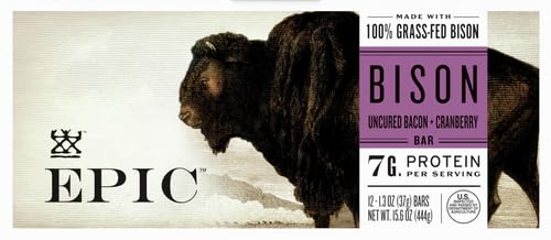 EPIC Bison Uncured Bacon and Cranberry Bars Grass-Fed Protein Bar 12 Ct 15.6 oz (Pack of 4)