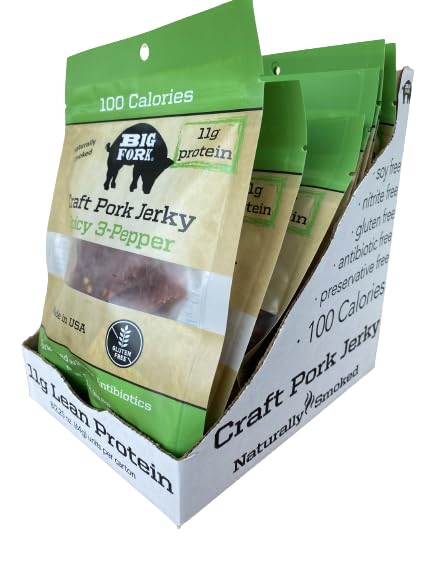 Big Fork Craft Pork Jerky – Spicy 3-Pepper Flavor | Bacon-Inspired Small-Batch Jerky Made from 100% Berkshire Pork | Keto Paleo Gluten-Free High-Protein Snack | 8 Bags (2.25 oz Each)