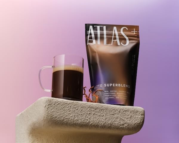 Atlas+ Latte Mushroom Coffee Superblend– Premium Coffee with Collagen Probiotics D3 &amp B12 Lion’s Mane Reishi Cordyceps Coconut– for Energy Focus Immunity &amp Gut Health– 20 Servings (1 B