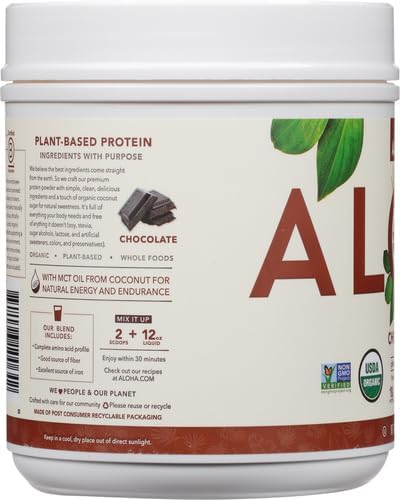 ALOHA Organic Plant Based Protein Powder Stevia Free Chocolate 19.6 oz 15 Servings