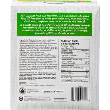 President's Choice Organics Fruit &amp Nut Granola 325g/11.3 oz. Box (Imported from Canada)