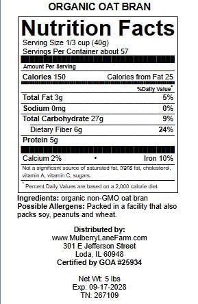 Oat Bran 80 Ounces or 5 Pounds USDA Certified Organic Non-GMO Bulk Mulberry Lane Farms