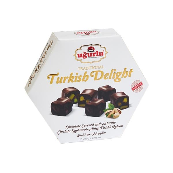Ugurlu Traditional Turkish Delight Chocolate Covered with Pistachio Gift Pack 200g/7.05oz Full Size
