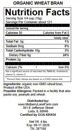 Wheat Bran 4 Pounds USDA Certified Organic Non-GMO Bulk Product of USA Mulberry Lane Farms