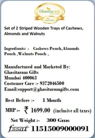 Jaiccha Ghasitaram Rakhi Gifts for Brothers - Set of 2 Striped Wooden Trays of Cashews Almonds and Walnuts with 2 Rudraksh Rakhis
