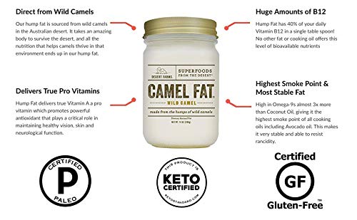 Desert Farms - Real Organic Cooking Camel Hump Fat - Halal Paleo and Keto Certified - Quickly Melting Use For Fry [High Smoke Point] - 31 Fatty Acids &amp Gluten-Free - Made In The USA [14 oz]