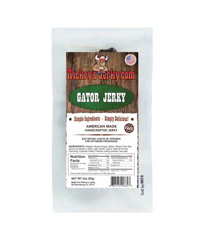 Rickey's Alligator Jerky 100% Made From Solid Strips of Alligator Exotic Wild Game Jerky All Natural Meat High Protein snack Keto Friendly Gluten Free Simple Ingredients exotic wild game jerky