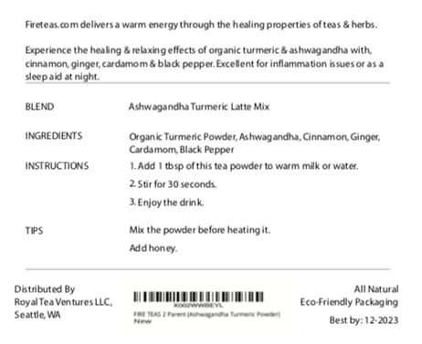 FIRE TEAS Ashwagandha Turmeric Latte Mix - Organic Ashwagandha Turmeric Ginger Cardamom Black Pepper &amp Cinnamon Powder- Helps Sleep Relaxing Delicious -