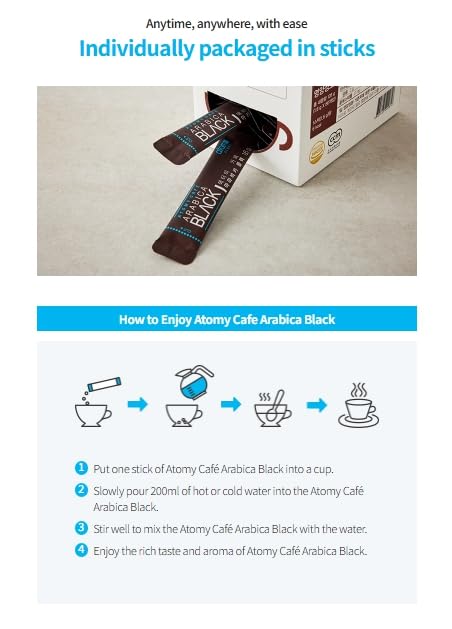 Atomy Arabica Black Instant Coffee Mini – 70 Sticks | Sugar-Free Dark Roast | Korean Café-Style Coffee