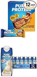 Protein on the Go Bundle: Pure Protein Bars Chocolate Peanut Butter 1.76oz 12 Count + Pure Protein Vanilla Protein Shake 11oz Bottles 12 Pack