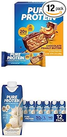 Protein on the Go Bundle: Pure Protein Bars Chocolate Peanut Butter 1.76oz 12 Count + Pure Protein Vanilla Protein Shake 11oz Bottles 12 Pack