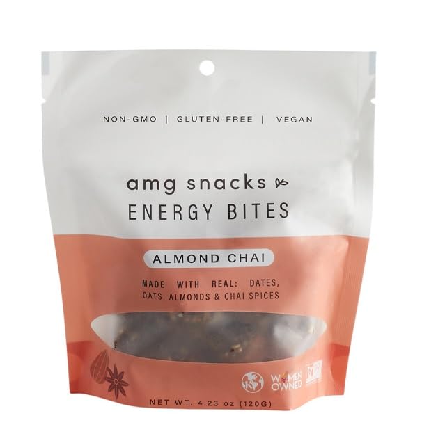 AMG Snacks Almond Chai Energy Bites | 4.3 oz Pack of 6 (72 Bites Total) | Date and Nut Energy Snacks Protein Bars | Non GMO Gluten Free Vegan Protein Bites | Made with All Natural Ingredients