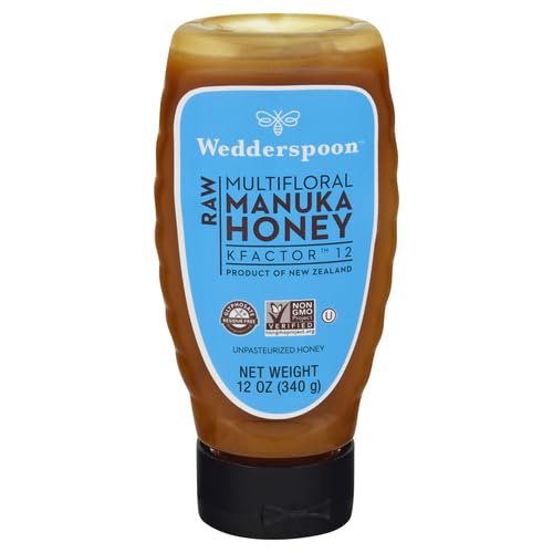 Wedderspoon Raw Premium Manuka Honey KFactor 12 12 Oz Unpasteurized Genuine New Zealand Honey Non-GMO Superfood Traceable from Our Hives to Your Home Convenient Squeeze Bottle