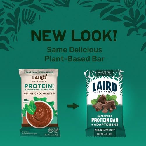 Laird Superfood Functional Protein Bars – Protein Bar but Better with Real Ingredients Functional Mushrooms 10g Plant-Based Protein 6g Fiber - Non-GMO - Mint Chocolate 10 Count (Pack of 1)