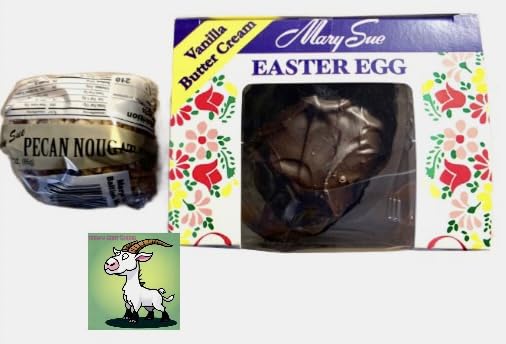 Mary Sue Vanilla Butter Cream Easter Egg (8 oz) + Mary Sue Pecan Nougat Egg (3 oz) Angry Goat Goods fridge decoration included.