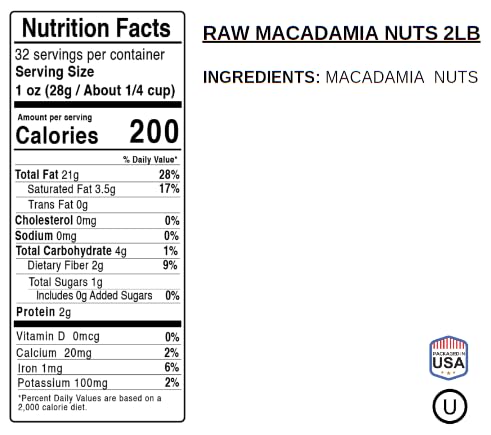 Raw Macadamia Nuts 2 Pounds Jumbo Size – Unsalted Whole Premium | All Natural Healthy Snack Keto Vegan High Protein | Bulk Bag | Ideal for Baking &amp Cooking | Kosher | Jaybee's Nuts (2 Pound)