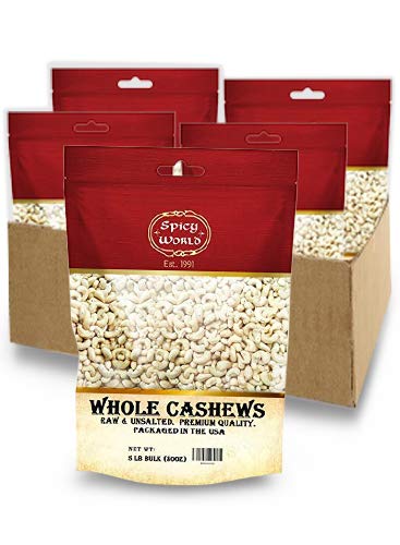 Spicy World Raw Cashews Whole 5 Pound Bulk - Unsalted Natural &amp Pure (Pack of 4)