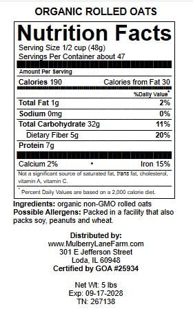 Rolled Oats 5 Pounds Old Fashioned Oatmeal USDA Organic Non-GMO Bulk Mulberry Lane Farms
