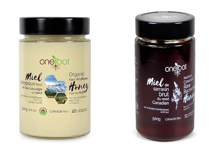 OneRoot Raw Honey Bundle – 500g Buckwheat &amp 1.1 lbs Organic Canadian Wildflower Honey – Unheated &amp Nutrient-Rich – Antioxidant-Packed Natural Sweeteners