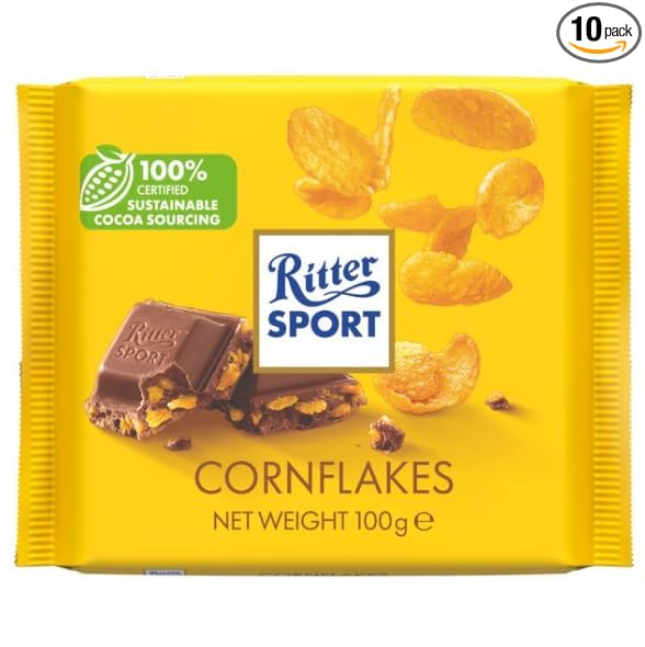 Ritter Sport Cornflakes Milk Chocolate Fresh from Germany Chocolate with Cornflakes Filling Ritter Sport Chocolates in Colorful Variety 3.5 Ounce (Pack of 10)