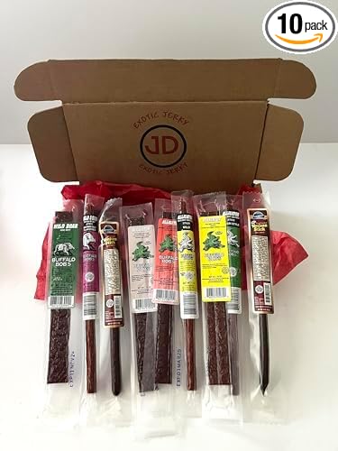 Jerky Dynasty Bayou Mix - Exotic Beef Jerky Snack Packs with Venison Wild Boar &amp Alligator - Unique Flavors from Around the World in Slim Stick Style Jerky Variety Pack - (10 Pack)