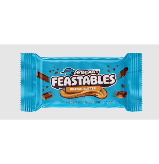 Feastables MrBeast Peanut Butter Milk Chocolate Chocolate Bar Full Size Bar for Adults &amp Kids Candy Bars Snacks Gifts &amp Dessert Fairtrade Cocoa 1.24 Oz Each 5 Count