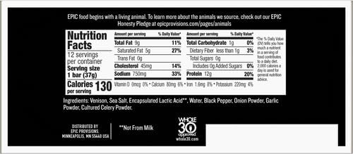 EPIC Bars Venison Sea Salt and Pepper Bar Keto Friendly Whole30 Approved Gluten Free 12 Count 15.6 oz