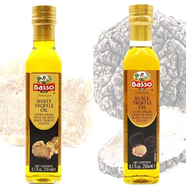 BASSO 1904 Black &amp White Truffle Oil Set – 2 Bottles x 8.5 fl oz (250ml) – High-Concentration Italian Extra Virgin Olive Oil with Real Black Winter &amp White Alba Truffles – Gourmet Finishing Oi