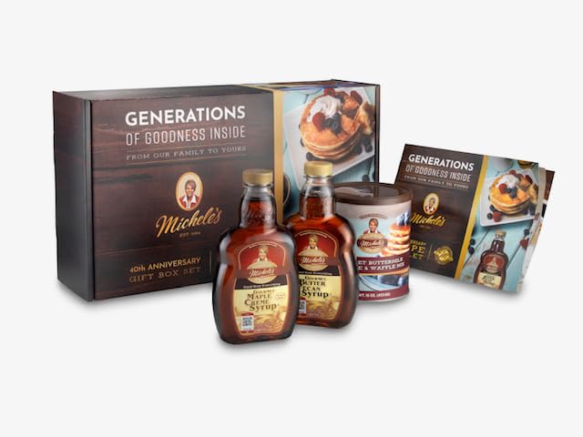 Michele’s 40th Anniversary Gourmet Breakfast Gift Set - Butter Pecan &amp Maple Cream Syrups Buttermilk Pancake Mix Recipe Book - Perfect Holiday &amp Thanksgiving Gifts - Gourmet Food for Foodies